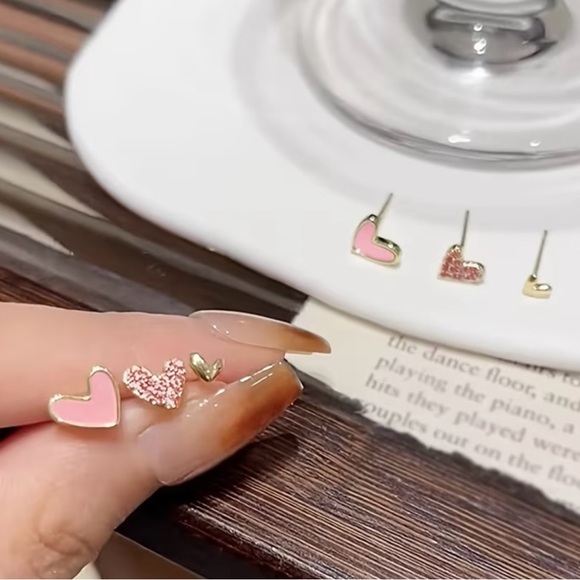 Gold and Pink Heart Stud Earrings Set of 3 - Picture 3 of 4